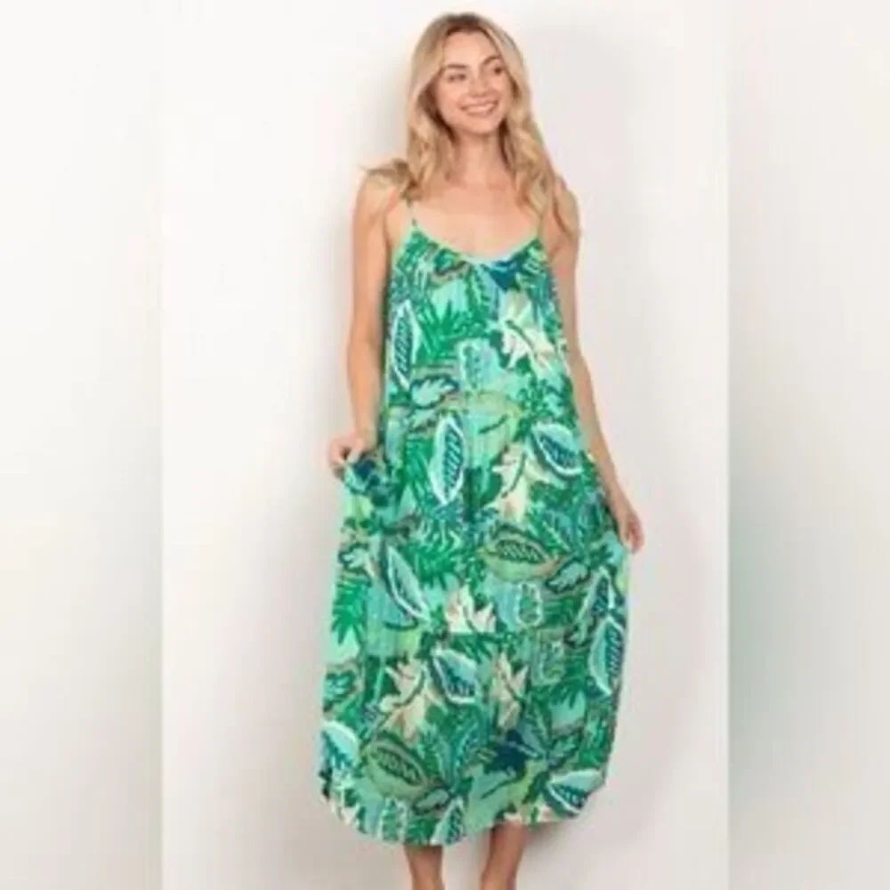 Very J Green & Blue Tropical Tiered Maxi Dress – Size L